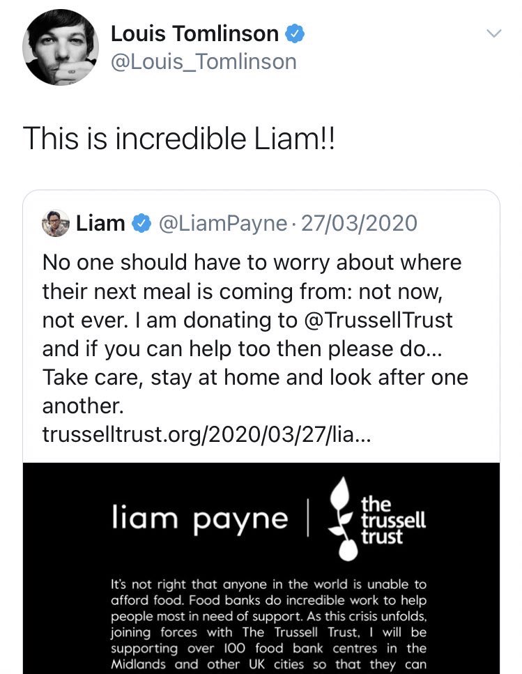 liam liked this post about louis supporting the war child’s emergency coronavirus crowdfund and louis quoted this tweet about liam supporting the trussel trust 