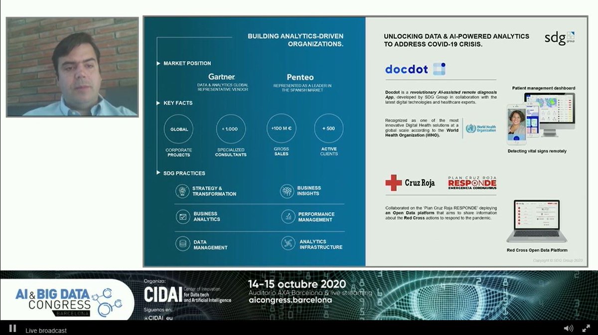 sdggroupspain's tweet photo. ¿Qué aportamos a través de los datos y la #IA para hacer frente al #COVD19? @alejomartinez presenta en el #AIBigData20: #DocDot, nuestra #app de diagnóstico remoto reconocida por la @WHO y la plataforma #OpenData de @CruzRojaEsp para compartir los datos del plan #CruzRojaResponde https://t.co/DM055EVpOn