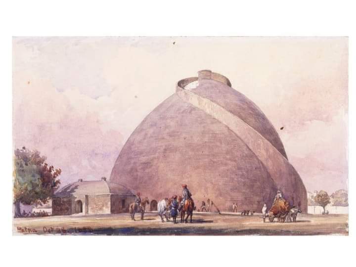 Three paintings of Patna's Golghar. 

1st - 1814-15
2nd - 1825 
and
3rd - 1888.
This structure was completed on 20 July 1786. In 1784, its construction was ordered by Gov. Gen. Warren Hastings.
Consider, the first painting made in 1814–15, in which the Ganges is seen nearby.