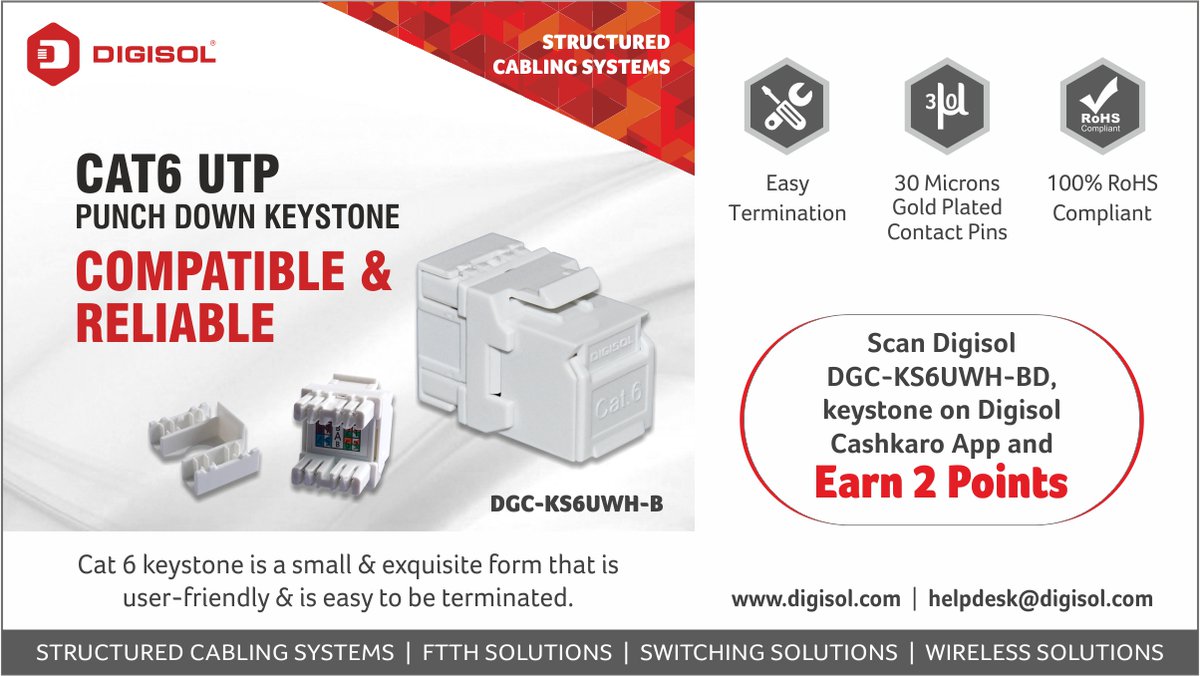 DIGISOL_SNSL's tweet photo. Digisol CAT6 UTP Keystone is compatible with any product that accepts the standard keystone profile. To Know More - https://t.co/776FXVS2ic
#Keystone #CAT6UTPKeystone #PunchDownType #CAT6KeystoneJack #Digisol #SmartlinkHoldingsLtd #VocalForLocal #ITNetworkingSolutions https://t.co/hto8tOtuW0