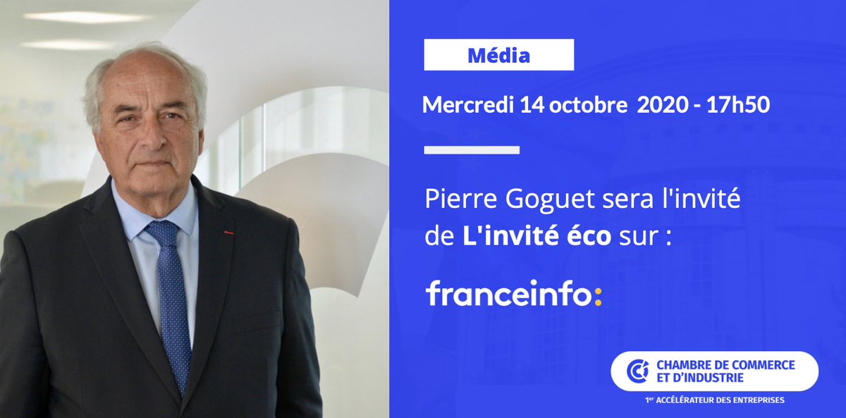 [Média] <a href="/GoguetPierre/">Goguet Pierre</a> , président <a href="/ccifrance/">CCI France 🇫🇷🇪🇺</a> , sera aujourd'hui à 17h50 en direct sur <a href="/franceinfo/">franceinfo</a>. Il évoquera la situation #économique du pays, le #PlanDeRelance et le rôle des #CCI. À écouter 👉 bit.ly/33TtojM
#média #FranceRelance #confinement #COVID19france