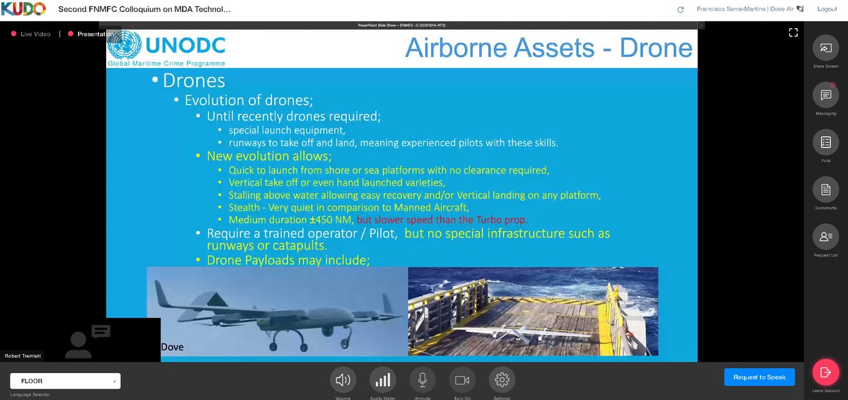 Great presentation by Robert Tremlett at <a href="/UNODC/">UN Office on Drugs & Crime</a>'s 2nd Colloqium on Forum of National Maritime Fusion Centres exploring #drones  in <a href="/UNODC_MCP/">UNODC Global Maritime Crime Programme</a>