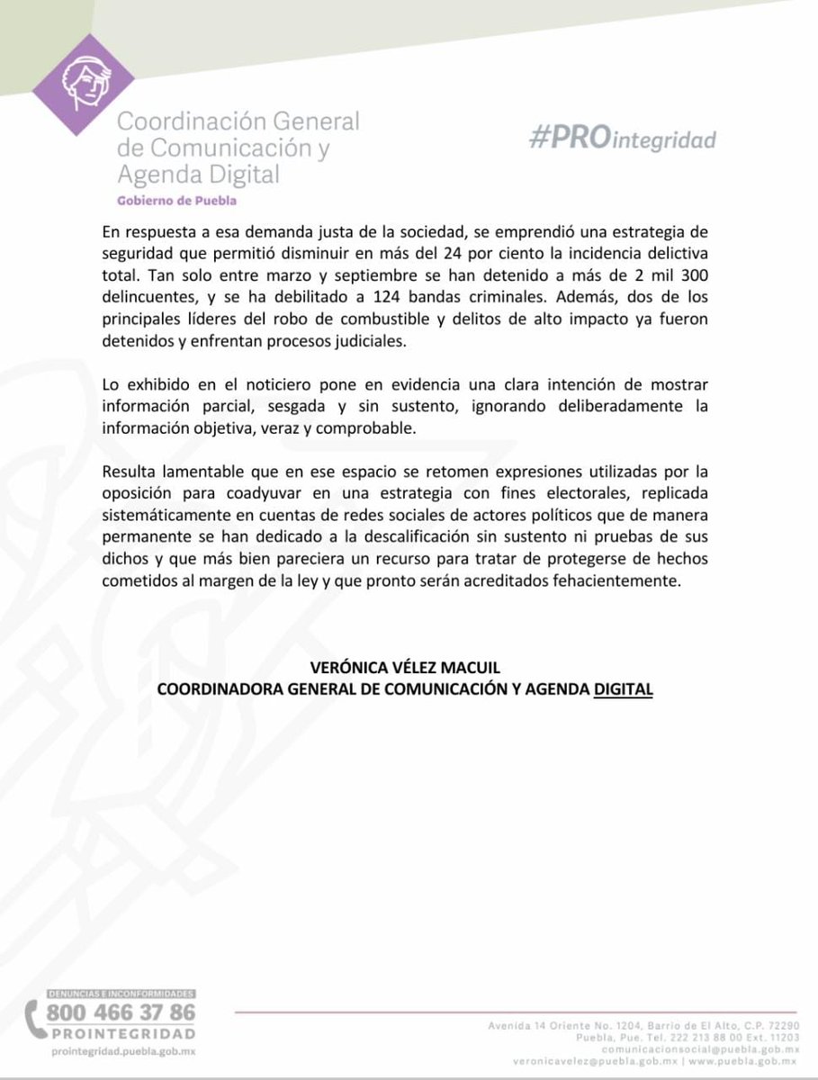 CGCADGobPue's tweet photo. @NTelevisa_com @DeniseMaerker Con relación al reportaje, precisamos que los datos son falsos y dejan en evidencia una clara intención de mostrar información parcial, sesgada y sin sustento, ignorando deliberadamente la información objetiva, veraz y comprobable, por tal razón puntualizamos lo siguiente: https://t.co/reDFjz9m1k