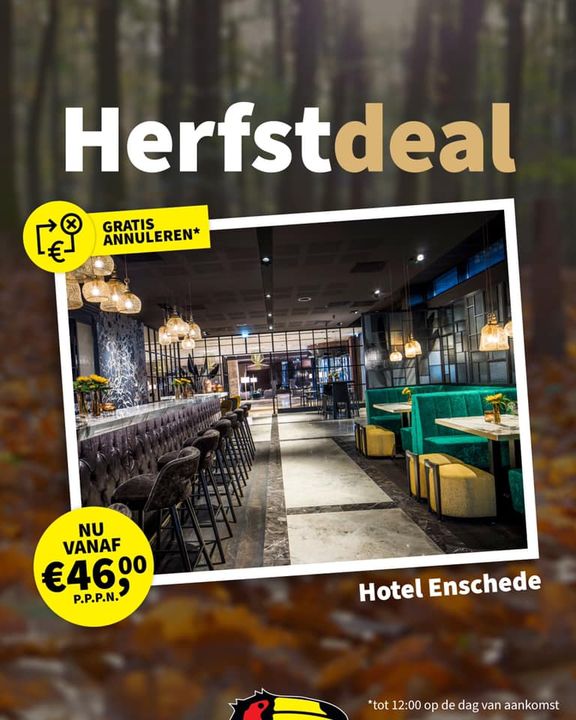 DE HERFSTDEAL 🍁🍂

Vier de herfstdagen in Enschede met onze Herfstdeal! Boek 1, 2 of 3 nachten, inclusief ontbijt.

Deze Valk Exclusief deal is al vanaf €46,00 p.p.p.n. beschikbaar (op basis van 3 nachten).

Boek nu via: va.lk/ens-fb-201013