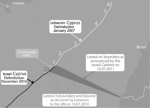 mestrate's tweet photo. [Thread] Indirect negotiations between #Lebanon &amp; #Israel to solve the maritime border dispute (should) begin today. 

🔹Hosted by the UN in Naqoura
🔹Mediated by the US
🔹Disputed area is a triangle roughly 860 km2 in size. https://t.co/hqtGrkFABp