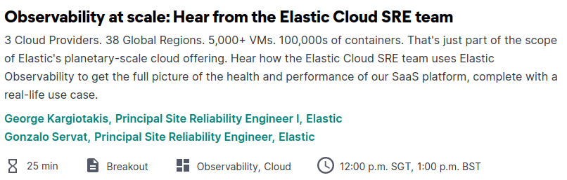 Tomorrow @ 12:00 UTC 
ElasticON Global "Observability at scale: Hear from the Elastic Cloud SRE team"

See the agenda at: elastic.co/elasticon/glob…