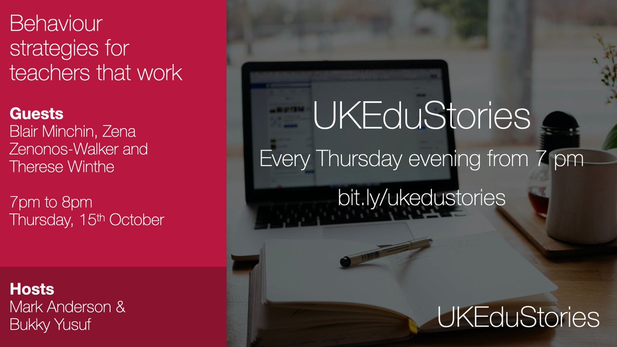 Join me for #UKEduStories this Thursday at 7pm, exploring behaviour strategies that work with special guests @ZenaZenonos @Mr_Minchin & @ThereseWinthe w/ co-host @rondelle10_b!

Live here >> buff.ly/33T9nKf and via my pinned tweet! #edchat #ukedchat #edutwitter