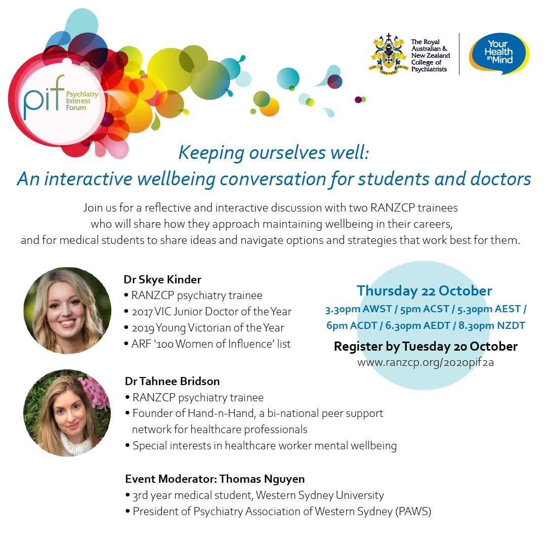 Calling all med students and junior docs in Aus &amp; NZ! Come join myself and <a href="/Tahnee_Bridson/">Dr Tahnee Bridson</a> for this interactive <a href="/RANZCP/">RANZCP</a> discussion, talking wellbeing, burnout, peer support and more! As well as info re: <a href="/HandnHandAU/">Hand-n-Hand Peer Support</a> and other support initiatives. #MedTwitter
