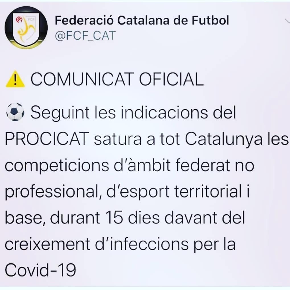 🔊Comunicado 

La @fcf_cat suspende los partidos de competición y amistosos de ámbito regional y fútbol base durante 15 días.

A día de hoy los entrenamientos continuarán con toda normalidad respetando las normas de seguridad.