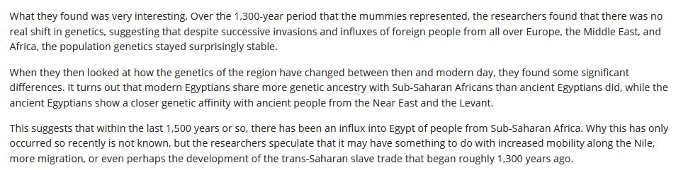 Les anciens Égyptiens étaient génétiquement bien plus proches des populations du Levant et d'Europe que des sub-sahariens. L'apport africain n'a commencé à être significatif que vers la période médiévale, notamment à cause de l'esclavage pratiqué par les musulmans.