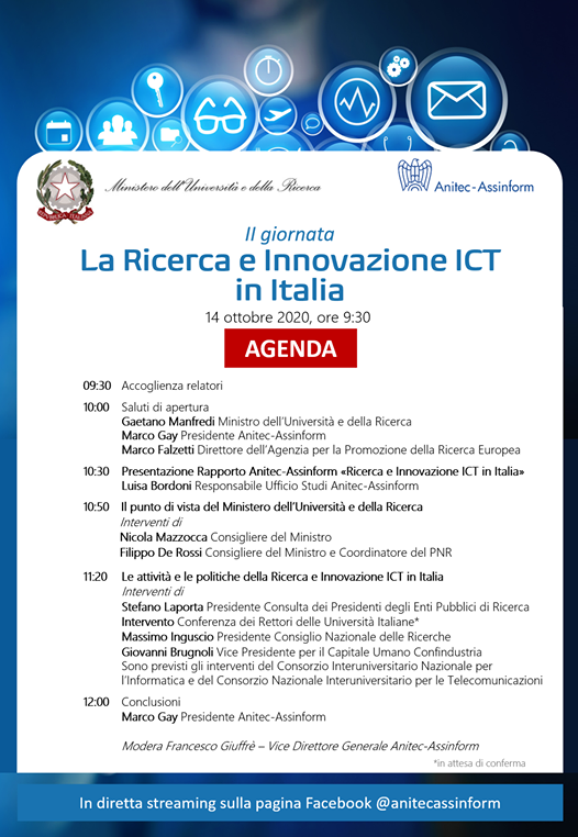 La #Ricerca e #Innovazione #ICT in Italia. Si tiene oggi la giornata di presentazione del Rapporto @anitecassinform, redatto con la collaborazione di @apre_it, presso il @MiurSocial e con la partecipazione del Ministro @manfredi_min 
Segui la diretta  ▶️ facebook.com/AnitecAssinfor…
