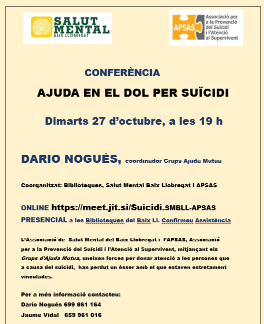 SalutMentalCat's tweet photo. Conferència "Ajuda en el dol per suïcidi". Organitzen les associacions #APSAS i #BaixLlobregat
Dimarts 27 octubre 19h. Per streaming a:
https://t.co/3MhEhZwiu8 https://t.co/eNuq6pKsGB
