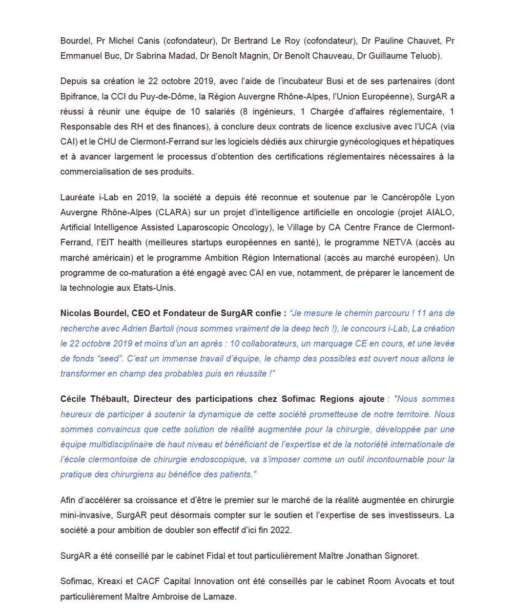 👏🏼👏🏼 issue de <a href="/IncubateurBUSI/">BUSI Incubateur by Clermont Auvergne Innovation</a>, accélérée par @VillageCACF SurgAR lève près de 2,5 M€ (dont 1,75 millions d’Euros en fonds propres) auprès de Sofimac, D-Novafund, Kreaxi, CACF Capital Innovation, Gsurge Consulting, de Clermont Auvergne Innovation et du CHU de Clermont-Ferrand.