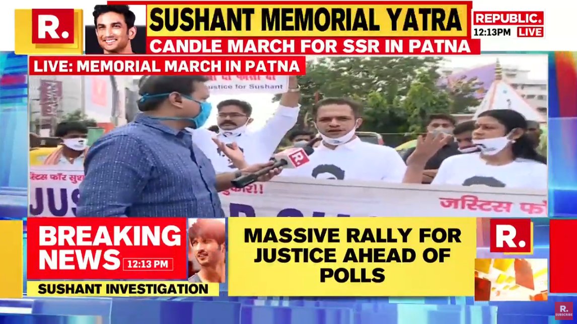 republic's tweet photo. #LIVE | Massive 'Justice For Sushant' rally ongoing in Patna, 4 months on from actor's demise; Tune in to watch here - https://t.co/RZHKU3wOei https://t.co/b60oD26xex