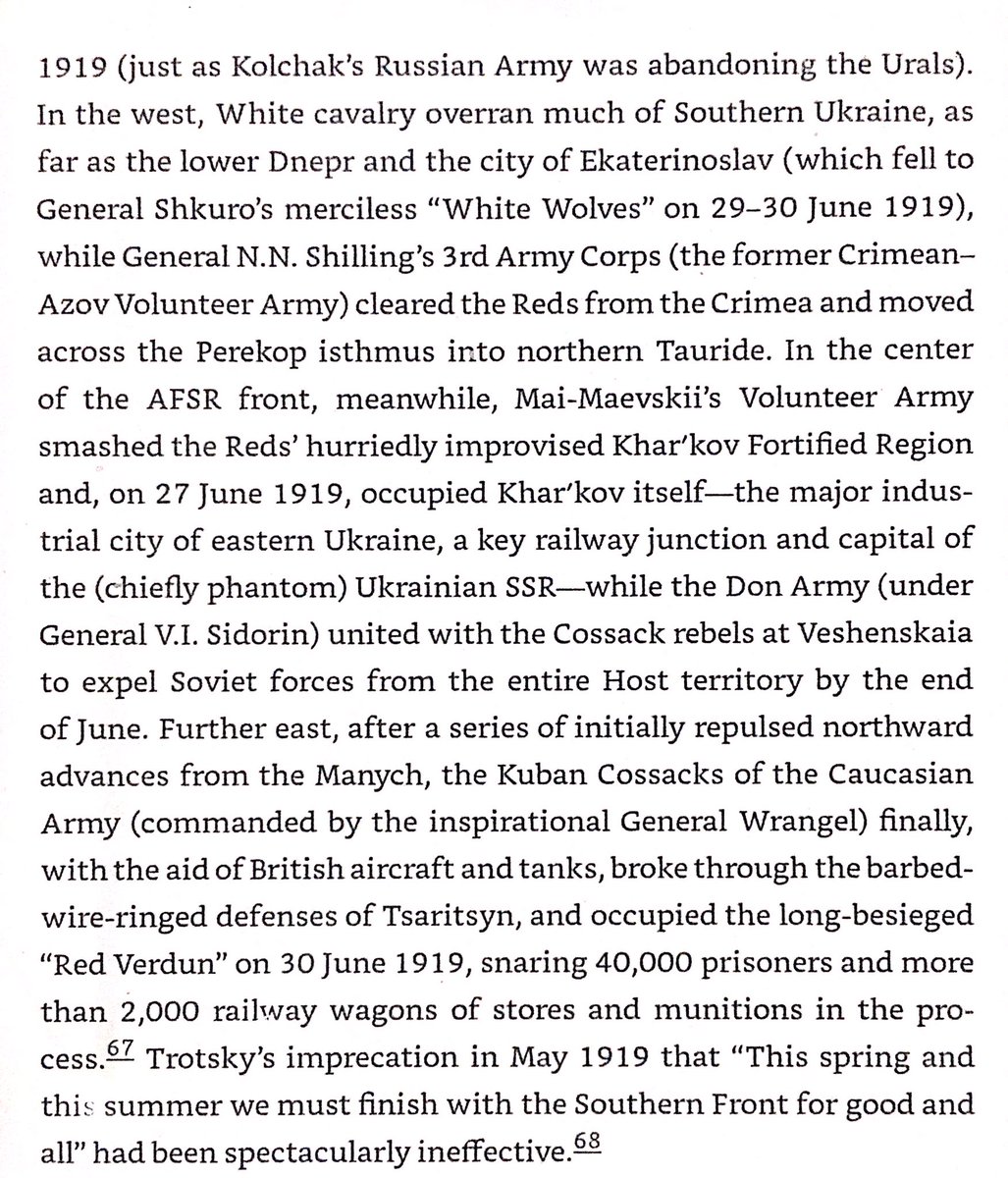 The Whites in 1919 had excellent cavalry - in June Andrey Shkuro’s “White Wolves” overran the southern Dnepr, Shilling conquered Crimea, May-Mayevsky took Harkov, & Vrangel ended the brutal siege of Tsaritsyn (modern Volgograd) by storming the city.