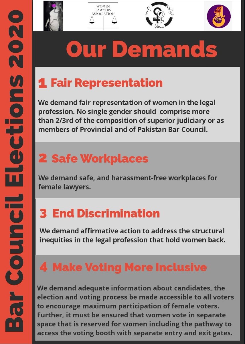 WomenInLawPk's tweet photo. In a run up to #BarElections2020, the conversation around inclusive legal profession, safe workplaces &amp; representation needs to feature in all engagements with candidates. Calling upon all lawyers to consider these demands while engaging with candidates this year. https://t.co/P8IjTxVctc