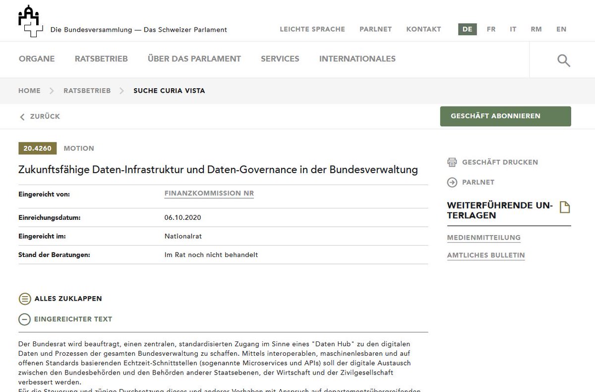 Finanzkommission des Nationalrats verlangt in einer Motion einen Daten- und Prozess-Hub für die Bundesverwaltung und stützt das #Onceonly -Prinzip parlament.ch/de/ratsbetrieb…
