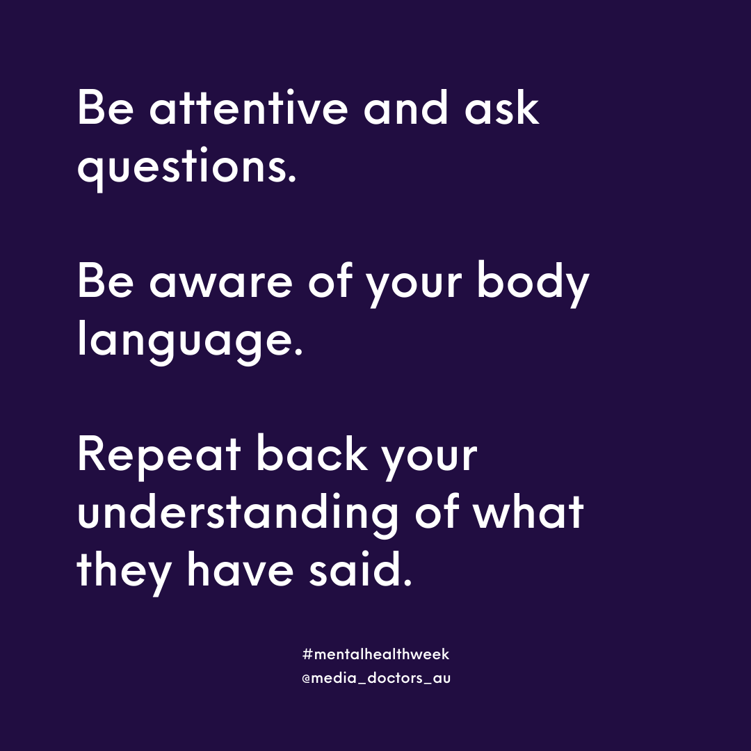 Mediadoctorsau's tweet photo. 👂 Listening in a #mentalhealthconversation

A common symptom of mental illness is feeling alone or like no-one else understands. By lending an ear, you can help someone feel they are truly being heard. https://t.co/rfObl1KkX5