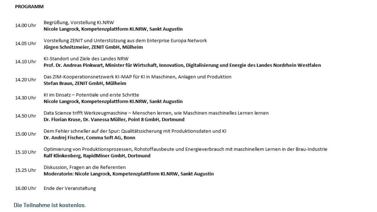 🗓️ Am 26.10. richten wir mit der @ZENITGmbH die Veranstaltung »Einführung von #KI im industriellen #Mittelstand« aus. Wir freuen uns auf spannende Praxisbeispiele der #NRW-Unternehmen @point8hq, @commasoft & @RapidMiner. Anmeldung: zenit.de/livestream-ein…