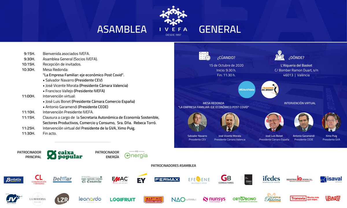 ¡Tan solo falta 1⃣ día!
Mañana celebramos nuestra #AsambleaIVEFA2020:

💻A partir de las 10:30h podréis seguir la 2ª parte del acto también en streaming desde:
shares.enetres.net/live.php?sourc…

🔊Mesa redonda “La #EmpresaFamiliar: eje económico post #COVID19” con <a href="/CEV_CV/">CEV</a> y <a href="/camaravalencia/">Guillermo Camara valencia</a>