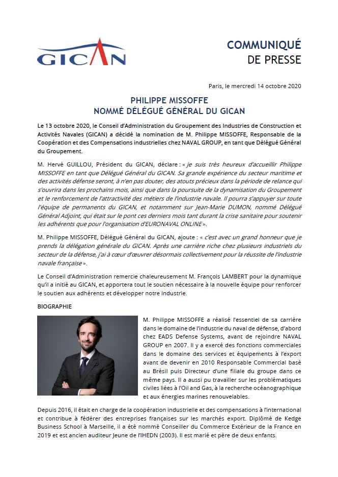 Gican_InduNav's tweet photo. ⚓️ Le 13 octobre 2020, le Conseil d’Administration du @Gican_InduNav a décidé la nomination de Philippe Missoffe en tant que Délégué Général du Groupement. 

Pour lire le communiqué de presse 👇 https://t.co/XKMYNCnrSZ
