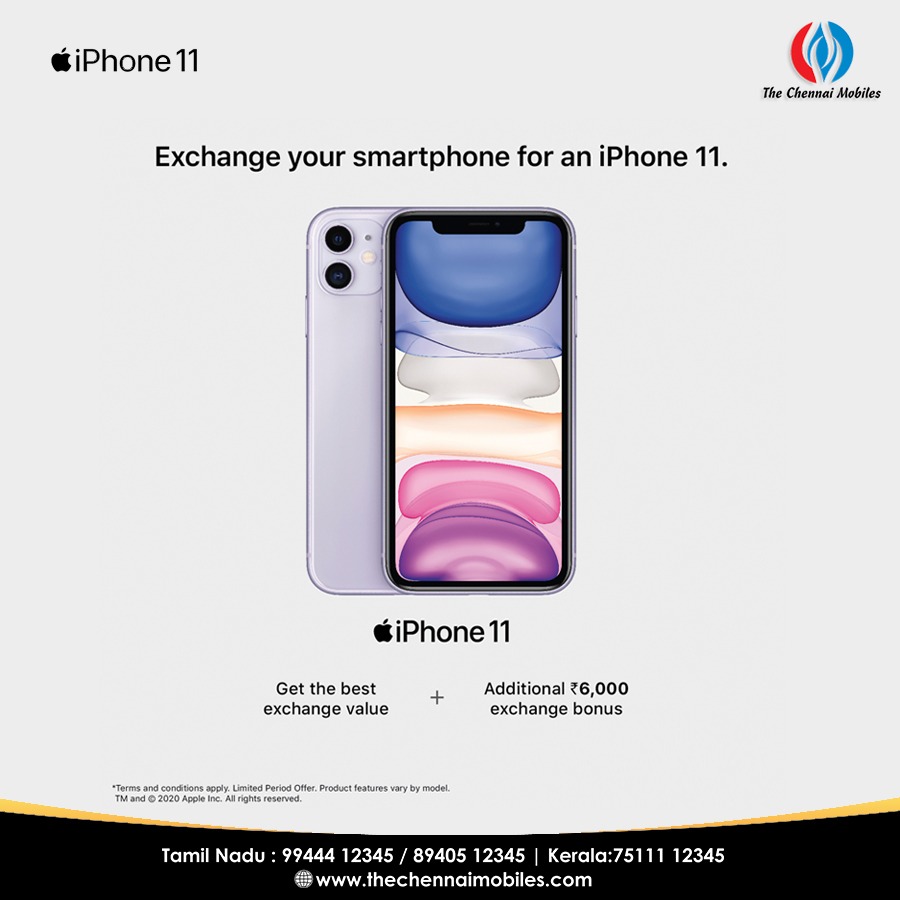 ChennaiMobiles_'s tweet image. Want to upgrade your #smartphone to an #iPhone? Then this #excitingdeal was made for you! Exchange your smartphone for an #iPhone11 and get an additional Rs. 6,000 exchange #bonus! Don't miss up on this #limited time offer!

Website: thechennaimobiles.com

#TheChennaiMobiles