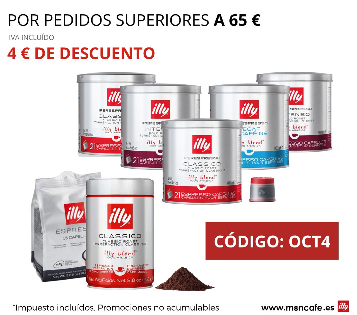 moncaferomacafe's tweet photo. 🚩 Por pedidos superiores a 65 €,  llévate un descuento de 4 € con el código OCT4
Disfruta con https://t.co/GaZDfLGtBG del mejor café en casa o en la oficina. 
#moncafe_romacafé #illylovers #nosinmicafe #moncafe_illy https://t.co/FOovThFuyK