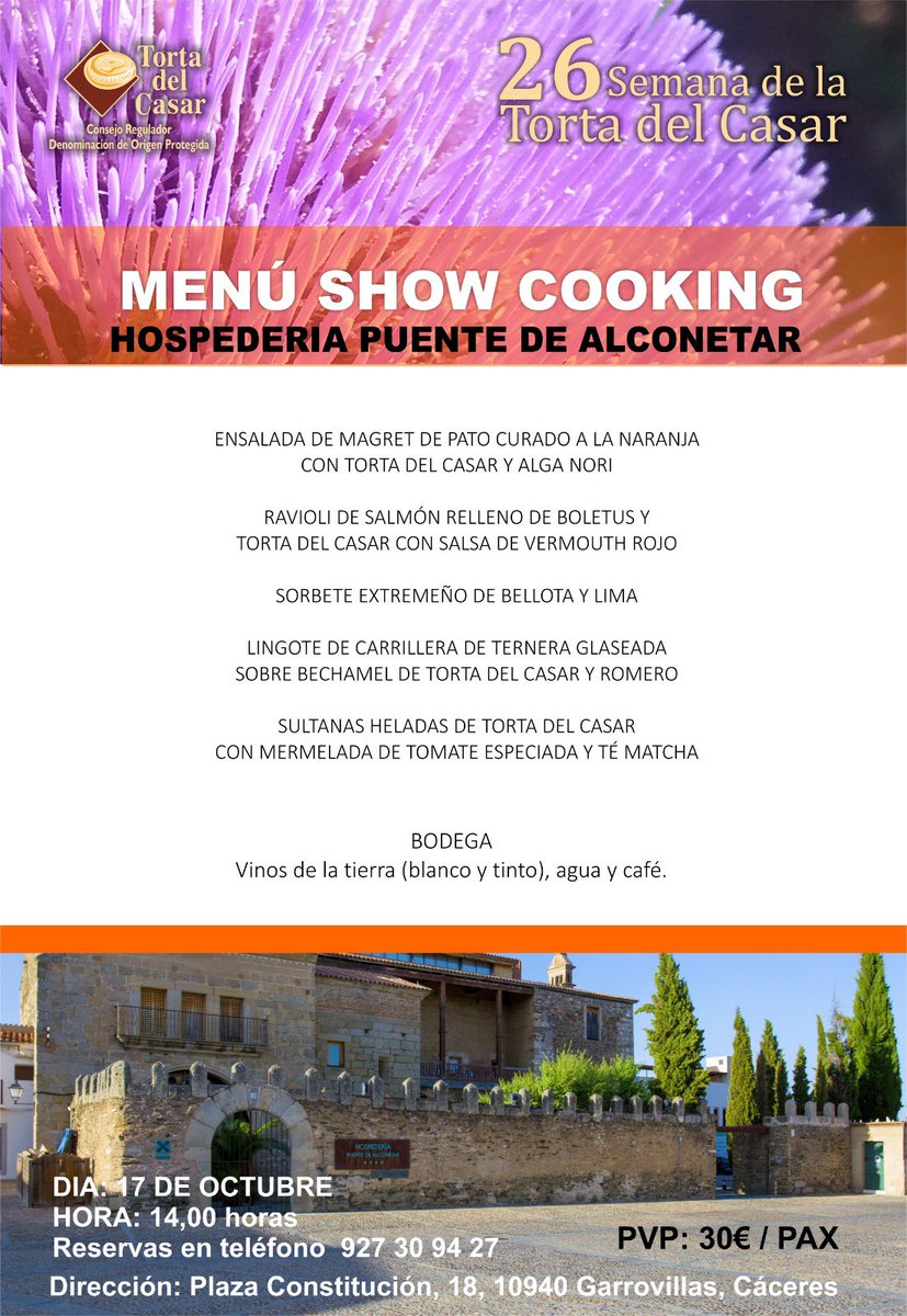 Os proponemos un planazo para cerrar la XXVI edición de la Semana de la Torta:  Un menú show cooking  el sábado 17 de octubre en la Hospedería Puente de Alconetar en Garrovillas
Reservas: 927 30 94 27 
#TortadelCasar #semanadelatorta <a href="/hospederias/">Hosp. Extremadura</a> #Extremadura #showcooking