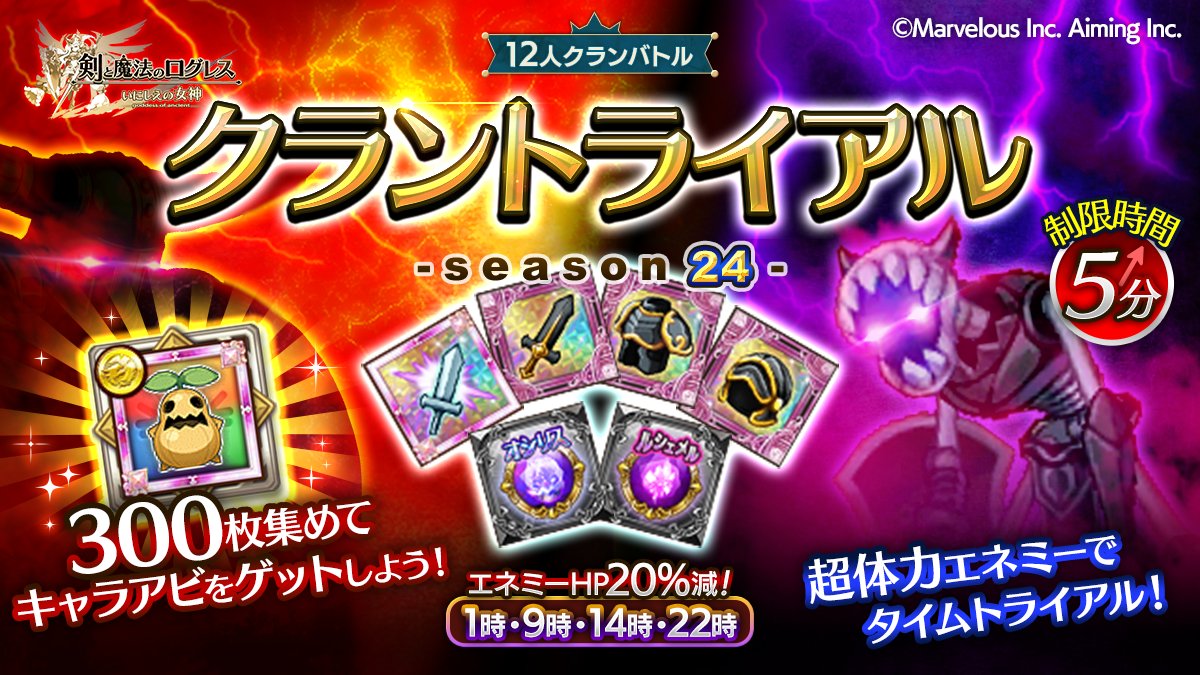 剣と魔法のログレス いにしえの女神公式 クランイベント クラントライアル Season24 開催 クランミッション報酬 クランマンドラのメダル を300枚集めてキャラアビリティ Hp 500 を手に入れろ クラントライアルでは1日4回 エネミーのhpが