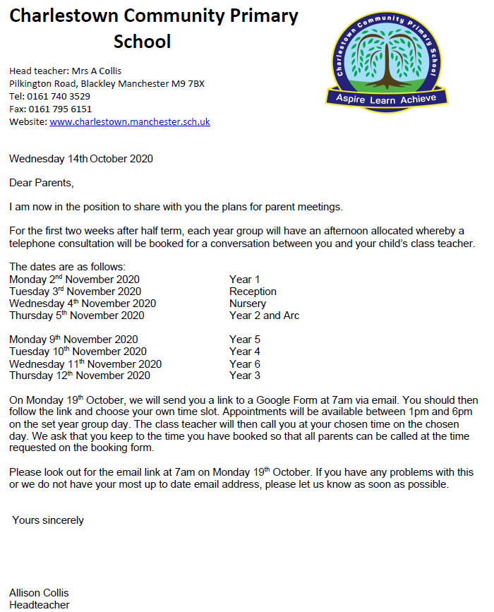 Charlestown_Pri's tweet photo. Please see letter from Mrs Collis regarding Parent's Meetings. https://t.co/JBrV0vBAzq