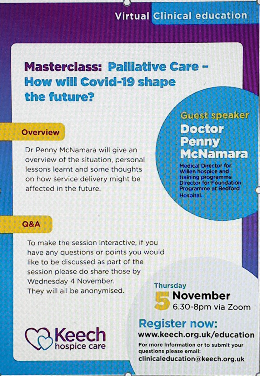 Our next exciting masterclass is being delivered on the evening of 5th November.  Please follow the link to register for free <a href="/KeechHospice/">Keech Hospice</a> <a href="/hospiceuk/">Hospice UK</a> <a href="/DyingMatters/">Dying Matters</a> <a href="/PCPLDnetwork/">PCPLD Network</a> <a href="/theRCN/">The RCN</a> #keechhospicecare #keecheducation 
keech.org.uk/education