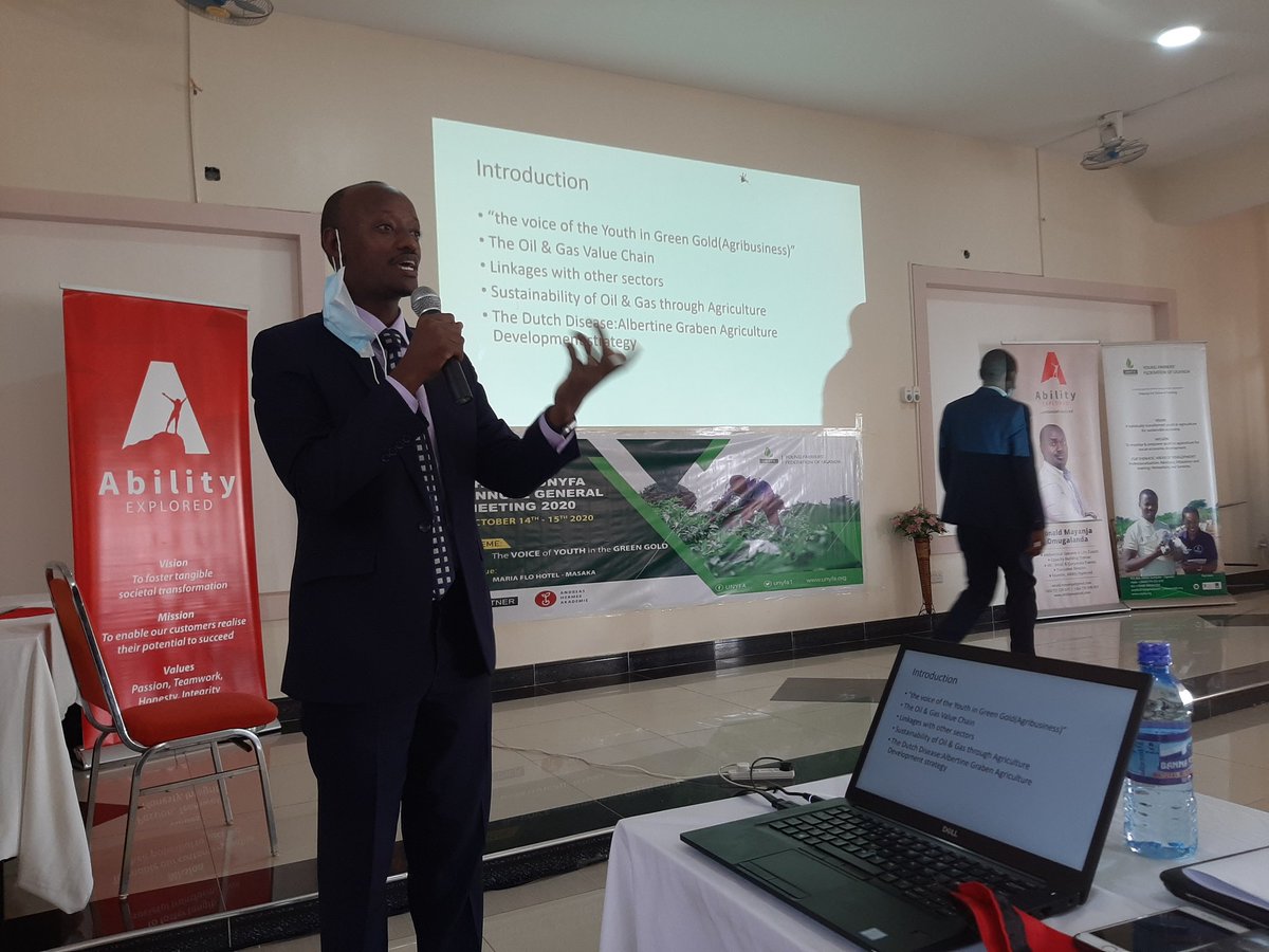 AbilityExplore1's tweet photo. Ability Explored is inspiring the youth in Agriculture to promote agriculture as a business. It's happening here at the Annual General Meeting of Young Farmers Federation of Uganda (UNYFA) in Masaka at Mariaflo Hotel. In the photo is Jonan Kandwanaho, Senior Planner - NPA. https://t.co/DyNxAAwR41