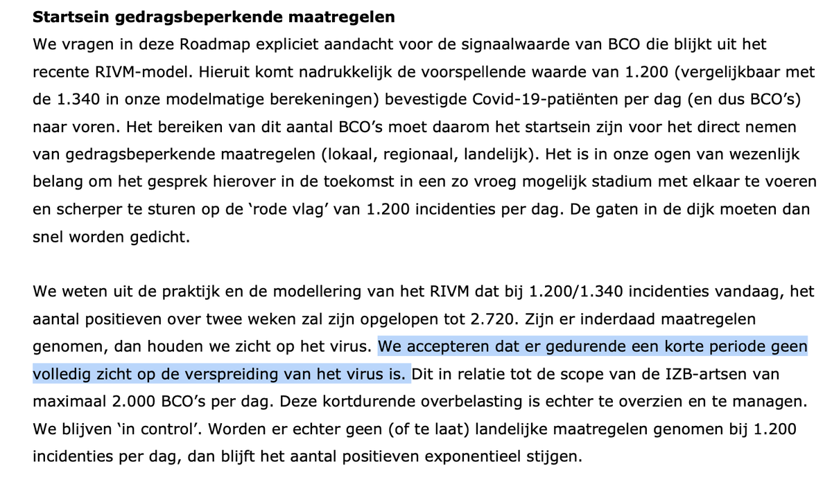 12/ De GGD's wijzen er in hun brief op vanaf de bovengrens van bron- en contactonderzoek (is bij einde niveau 1) er geen volledig zicht meer is. Dat kan een korte periode maar als de maatregelen (van niveau 2 dus) onvoldoende zijn dan gaat het mis. https://www.rijksoverheid.nl/documenten/brieven/2020/10/14/roadmap-testen-en-traceren