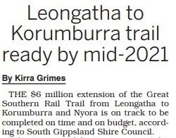 RailTrailsAus's tweet photo. The Great Southern RT extension is on track.
Leongatha to Korumburra will be ready by mid 21, and Korumburra to Nyora by late 21, a distance of 35kms.
It will create a total distance of 107km, so start plannig now.
#gsrt #railtrail #railtrailaustralia #greatsouthern https://t.co/MZhvQl8oTT