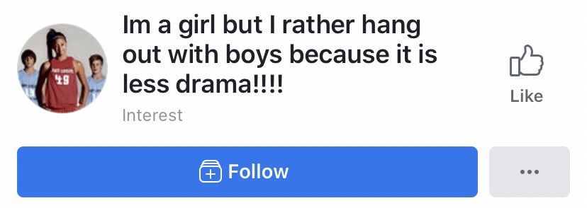 I was also so sure that being “one of the boys” was cool and not totally internalised misogyny. “Im a girl but I rather hang out with boys because it is less drama!!!!”Because if anything screams less drama it’s for exclamation points.