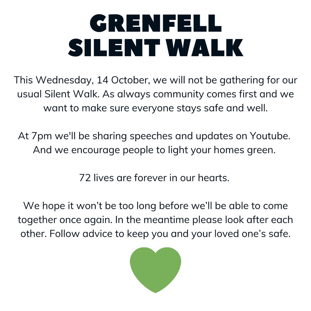 GrenfellUnited's tweet photo. 40 months, 72 lives are forever in our hearts. 💚

We are not gathering for our usual silent walk this evening but messages will be posted on YouTube this evening &amp; we encourage people to take a moment in remembrance. https://t.co/7mr2FODpgt