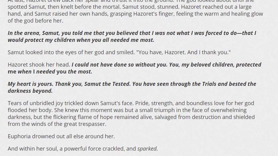 I think "planeswalkers sparks mostly ignite through trauma" is one of the most wack parts of MTG's lore.It's why I've really come to love how Samut got her spark, not during a fight or a near-death experience, but because she was just SO FKN STOKED that Hazoret bigged her up.  https://twitter.com/BJeleren/status/1316135578803466243