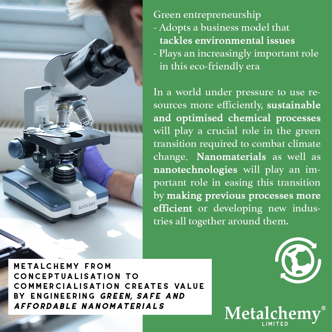 uclentrepreneur's tweet image. Have you ever heard of green entrepreneurship♻️? 

@Metalchemy1 is a case in point! Its business model bases itself on the development of green and socially responsible next-generation products that are affordable to all👍

#metalchemy #nanotech #nanomaterials #sustainability