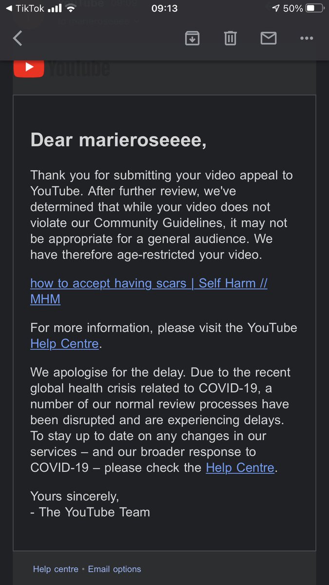 <a href="/YouTube/">YouTube</a> why are you censoring my videos? young people struggle with self harm and my video was talking about not being ashamed of your scars. THIS IS WHY TALKING MENTAL HEALTH IS SO HARD - you’re constantly censored and pushed back. You’re adding to the stigma !!