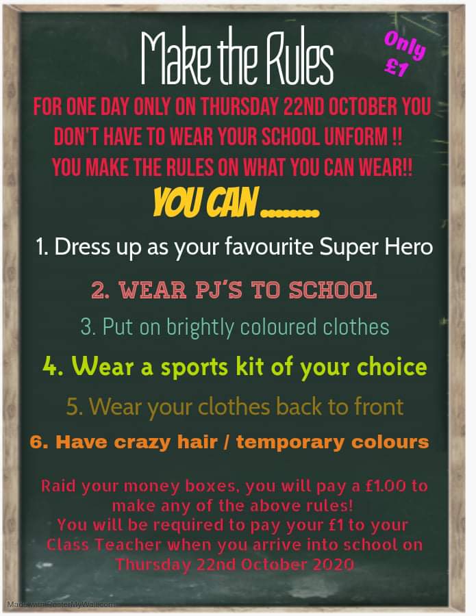 OsbastonPTFA's tweet photo. Our next fundraiser on THURSDAY 22nd OCTOBER - a chance for the children to make the rules for the day! 🎉

Pick from the 6 options below and bring in a £1! 🎉

#osbastonptfa #fundraising #maketherules https://t.co/GTlslQMWTe