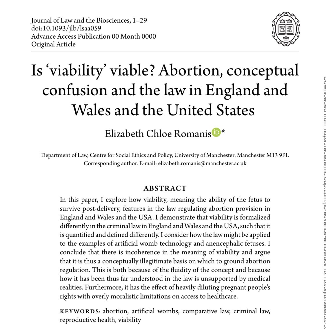New paper out #openaccess in <a href="/J_Law_Biosci/">Journal of Law and the Biosciences</a> on the doctrinal incoherence of viability thresholds (and more on what it means to be born) based on research conducted during my PhD and during a visit to <a href="/UTLaw/">UTLaw</a> last year #biolaw #bioethics doi.org/10.1093/jlb/ls… <a href="/DurhamCELLS/">Durham CELLS</a>