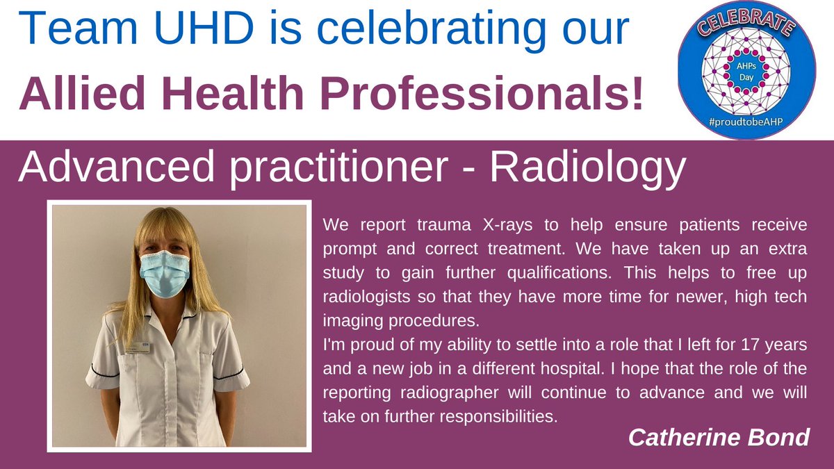 UHD_NHS's tweet photo. Meet Catherine, Claire and Polly. Three radiology #AHPs. Radiographers specialise in the imaging of human anatomy for the diagnosis and treatment of pathology. The advanced practitioner role encompasses the broader depth of radiographic practice #AHPsDay #AlliedForAReason https://t.co/kwUQ1WgwtA