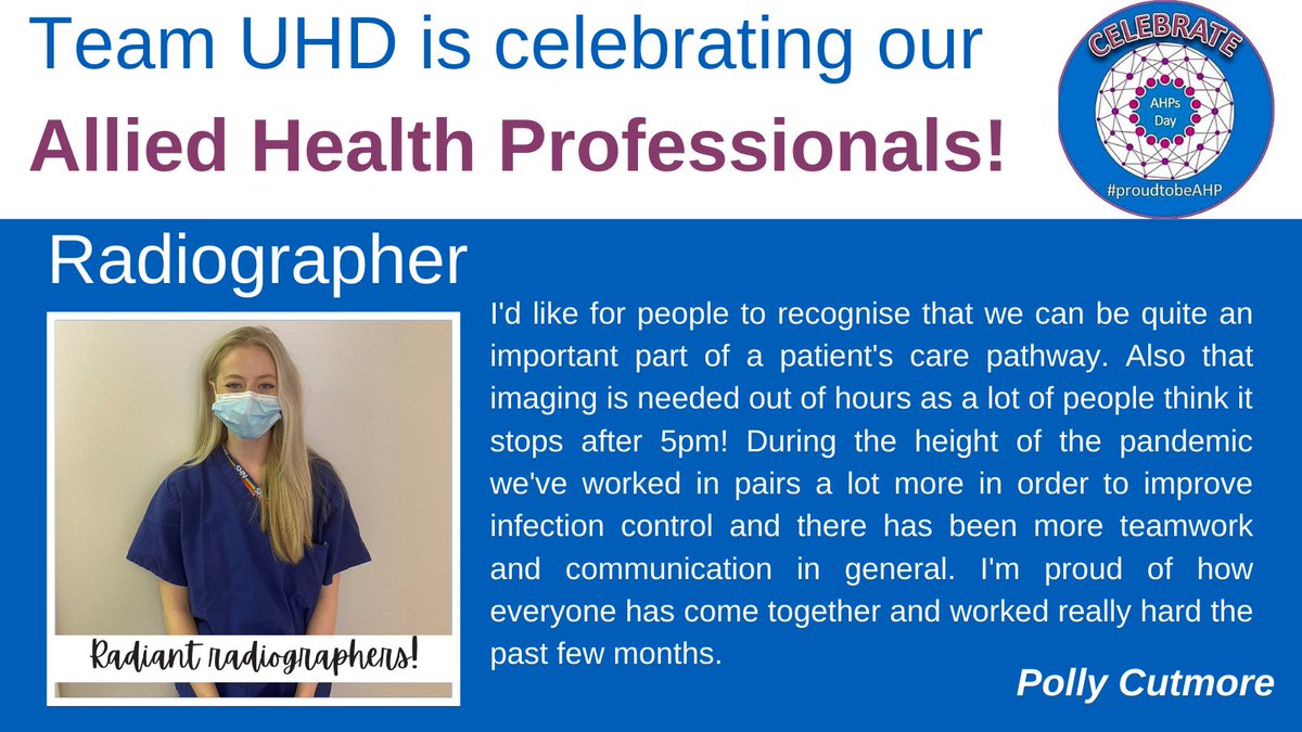 UHD_NHS's tweet photo. Meet Catherine, Claire and Polly. Three radiology #AHPs. Radiographers specialise in the imaging of human anatomy for the diagnosis and treatment of pathology. The advanced practitioner role encompasses the broader depth of radiographic practice #AHPsDay #AlliedForAReason https://t.co/kwUQ1WgwtA