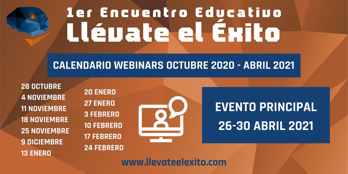 📆 El "1er Encuentro Educativo: <a href="/llevateelexito_/">1er Encuentro Educativo: Llévate el Éxito</a> " viene cargado de fechas importantes. ¡No os lo perdáis!

👉 Calendario de "Webinars" gratuitos con expertos en innovación educativa para todos los inscritos.

📝 Inscríbete en nuestra web:  llevateelexito.com/formato-online

#Educación