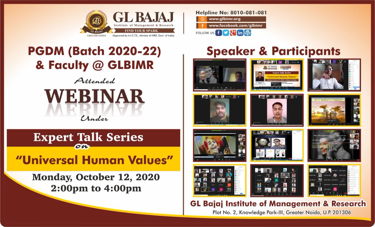 glbajajimr's tweet photo. GLBIMR organized Webinar under Expert Talk Series on “Universal Human Values” on Monday, October 12, 2020 for the students of PGDM Batch 2020-22 under the patronage of Mr. Pankaj Agarwal, Vice Chairman, GL Bajaj Educational Institutions.
#GLBIMR
#ExpertTalkSeries https://t.co/q83YKMCUO4
