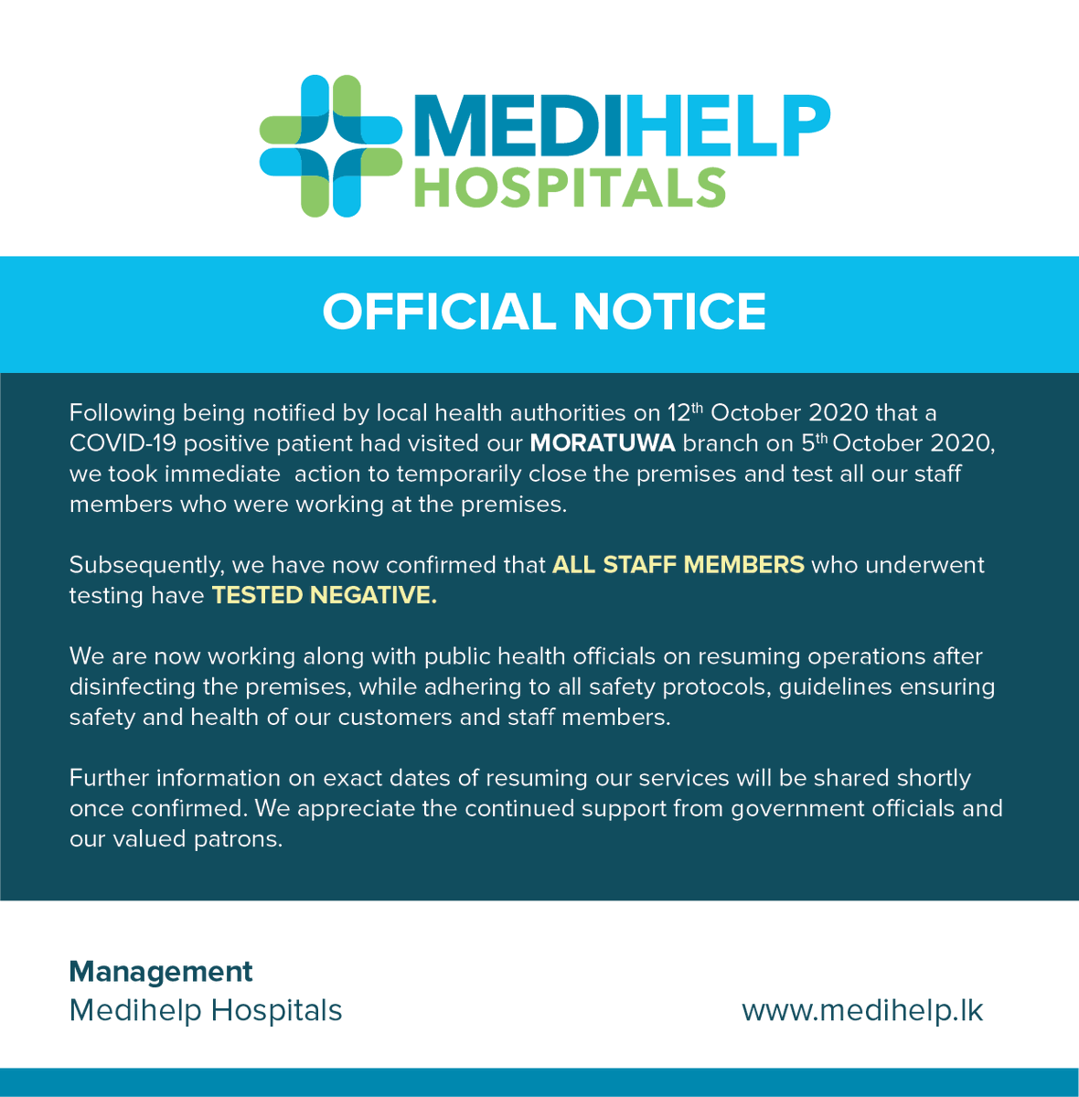 roelraymond's tweet image. The #Moratuwa branch of #MediHelp that was closed after a patient tested positive for #COVID19 on October 5, says all staff members have tested negative, and that it is currently working to resume operations. #COVID19SL #COVID19LK #SriLanka #LKA #lka