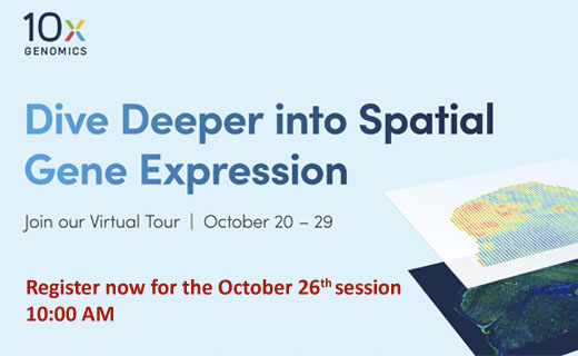 Explora la biología de tejidos y la patología de enfermedades como nunca antes con los productos 10x Genomics Visium Spatial.

¡No te puedes perder este Tour virtual que tendrá lugar el 26 de octubre!

Inscríbete: bit.ly/2IlxSam