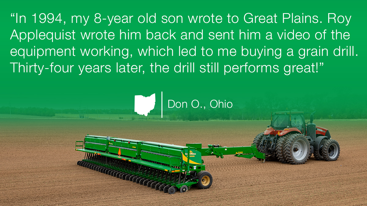 GreatPlains_Ag's tweet photo. We're honored to have Don O. from Ohio as our customer! Learn more about our line of drills at: https://t.co/hZld0NgdJV. #GreatPlainsAg #HarvestStartsHere #CustomersCount #ThankYou https://t.co/shzRWtB5Pd
