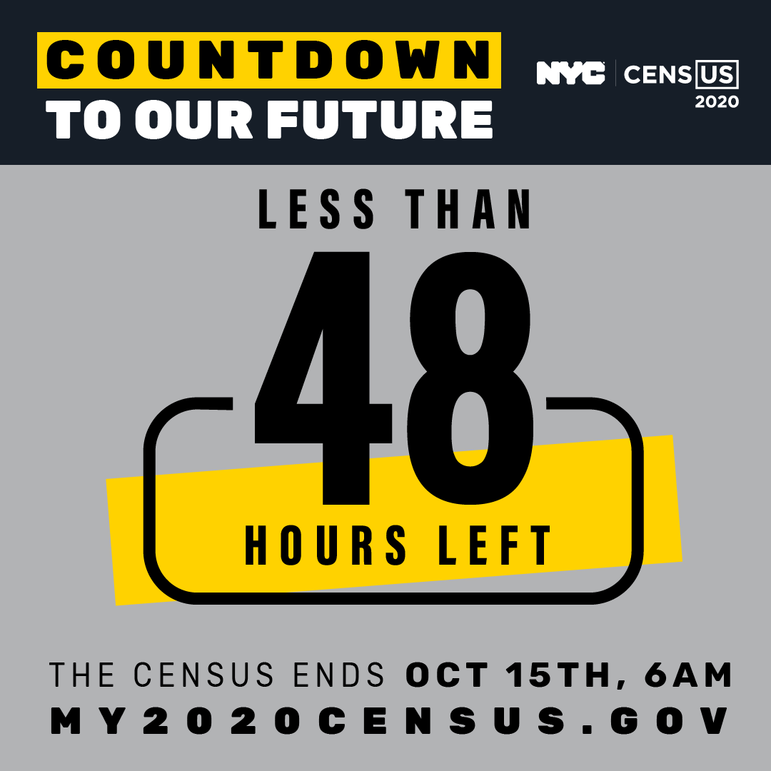 ABetterNY's tweet photo. There are less than 48 HOURS LEFT to make sure that YOU are counted!  You can complete your Census until at 6am EST on Friday October 16. https://t.co/iotnDgpAa7 #GetCountedNYC #CountdowntoOurFuture https://t.co/DxLJntjKFw