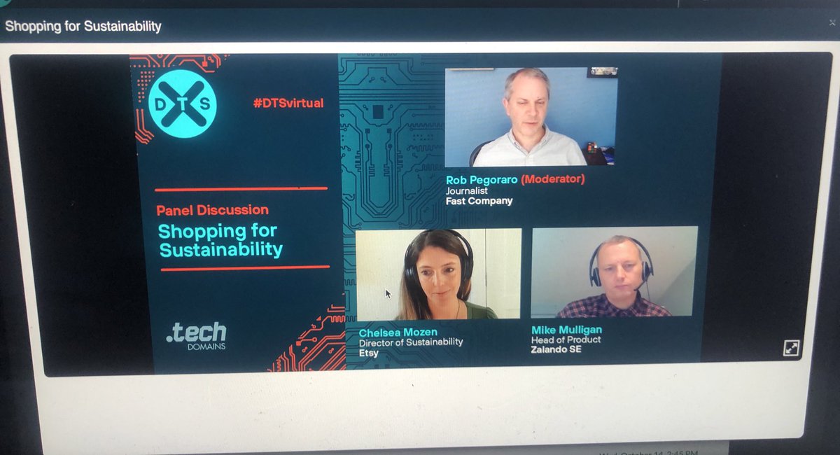 TaniaDiscovered's tweet photo. My favourite discussion @DubTechSummit. 

👍🏽 philosophy @Zalando for their partners regarding #Sustainability that Mike shared - 
‘When you meet the standard raise the standard’ 

Chelsea from @Etsy shares importance of sustainability to Investors &amp; great talent. #DTSVirtual https://t.co/dwg8N2ocXN